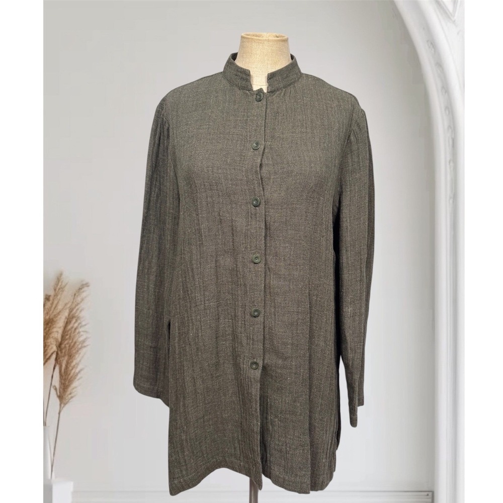 Eileen Fisher S Mandarin Collar Linen Rayon Tunic Shirt Blouse Minimal Lagenlook